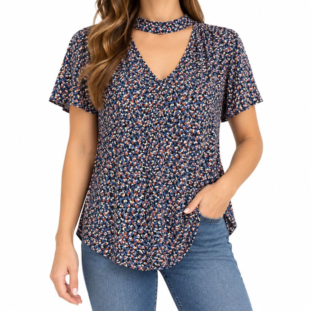 Maeve Floral Print Choker V Neck Short Sleeve Blouse Navy Womens Size Small Boho